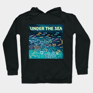 under the sea,blue sea,sea creatures,Turtle, puffer fish, starfish, shrimp, shark, tropical fish, sea horse, seaweed, sardines, squid, crabs, clams Hoodie